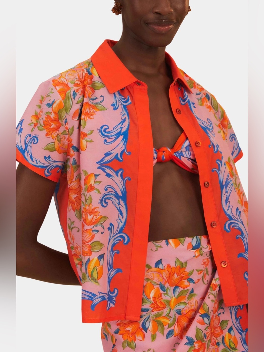 Farm Rio: Sicily Printed Shirt In Orange / SICILY FLOWERS ORANGE